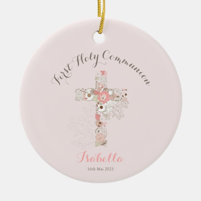 Communion blush pink floral cross ceramic ornament (Front)