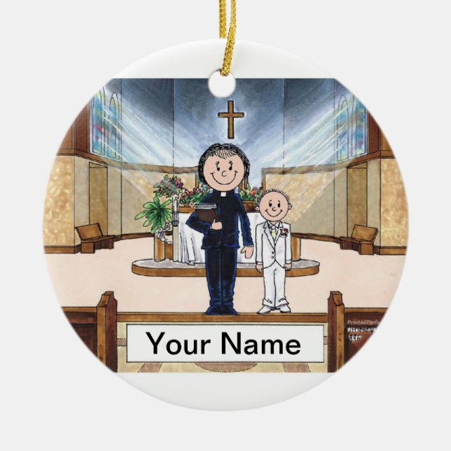 Communion, Boy - Female Priest Ceramic Tree Decoration (Front)