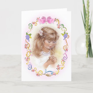 Communion, confirmation girl with flowers card