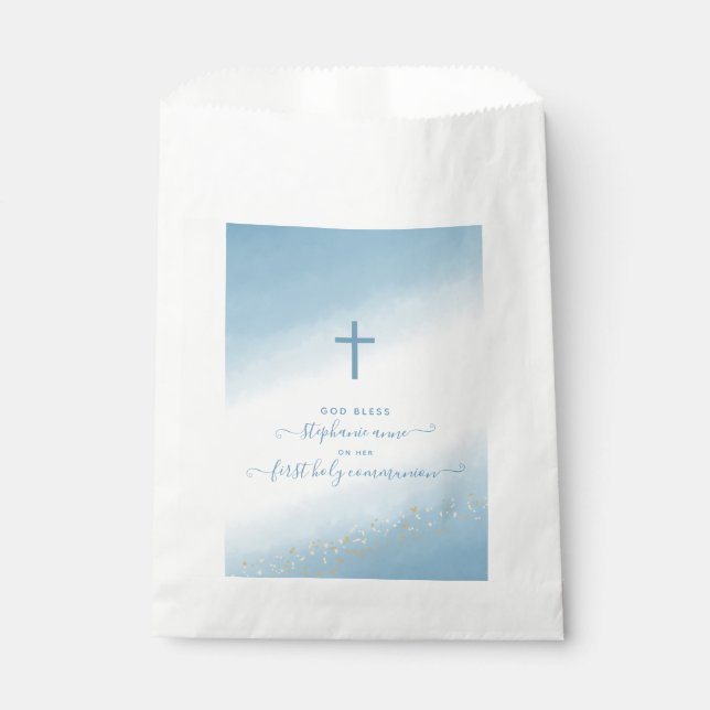 Communion Cross Blue Watercolor Favour Bag (Front)