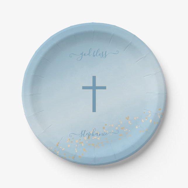 Communion Cross Blue Watercolor Paper Plate (Front)