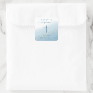 Communion Cross Blue Watercolor Square Sticker