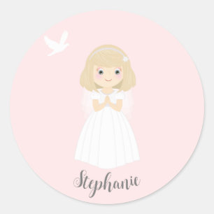Communion Dove Blonde Girl Classic Round Sticker