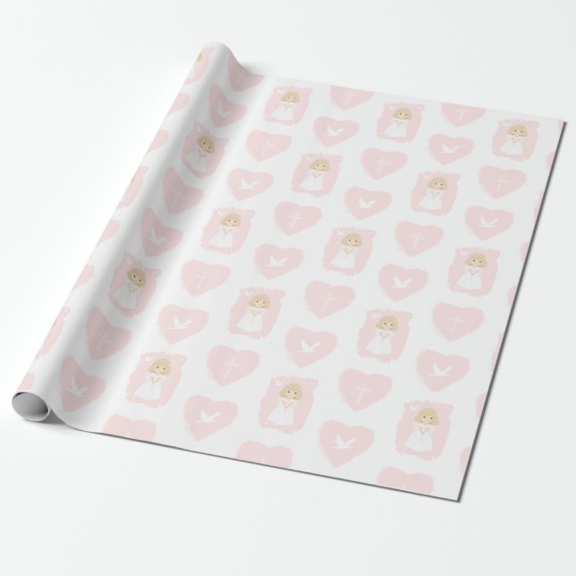 Communion Dove Blonde Girl Wrapping Paper (Unrolled)