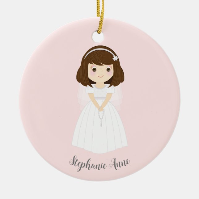 Communion Dove Brunette Girl Ceramic Tree Decoration (Front)