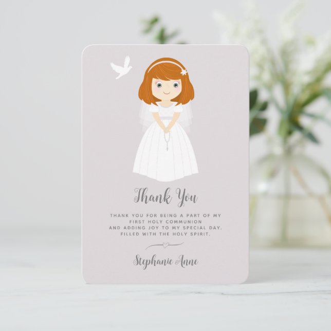 Communion Dove Redhead Girl Thank You Invitation (Standing Front)