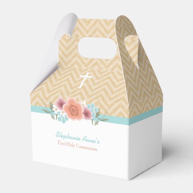 Communion Floral Swag in Gold and Aqua Favour Box (Front Side)