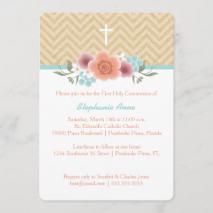 Communion Floral Swag in Gold and Aqua Invitation