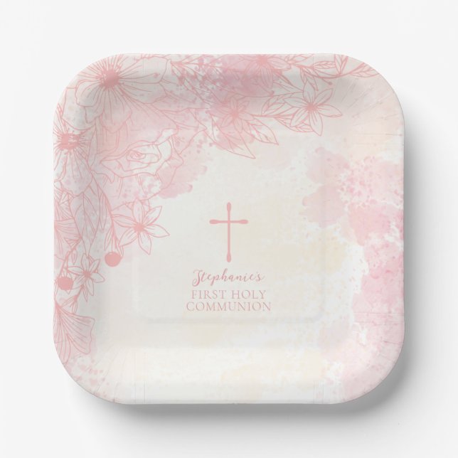 Communion Flowers Pink Watercolors Paper Plate (Front)