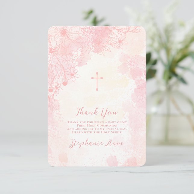 Communion Flowers Pink Watercolors Thank You Invitation (Standing Front)