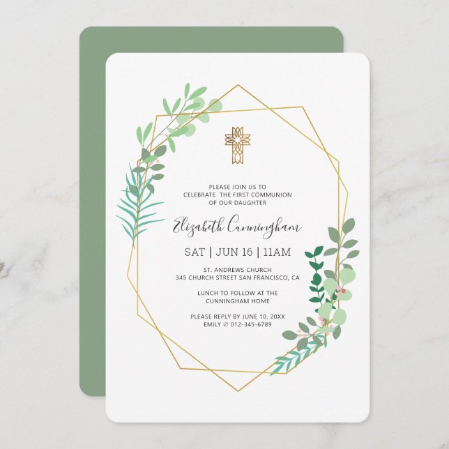 Communion For Her Geometric Foliage Gold Cross Invitation (Front/Back)
