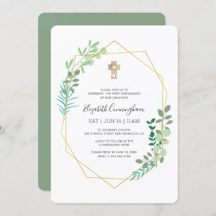 Communion For Her Geometric Foliage Gold Cross Invitation