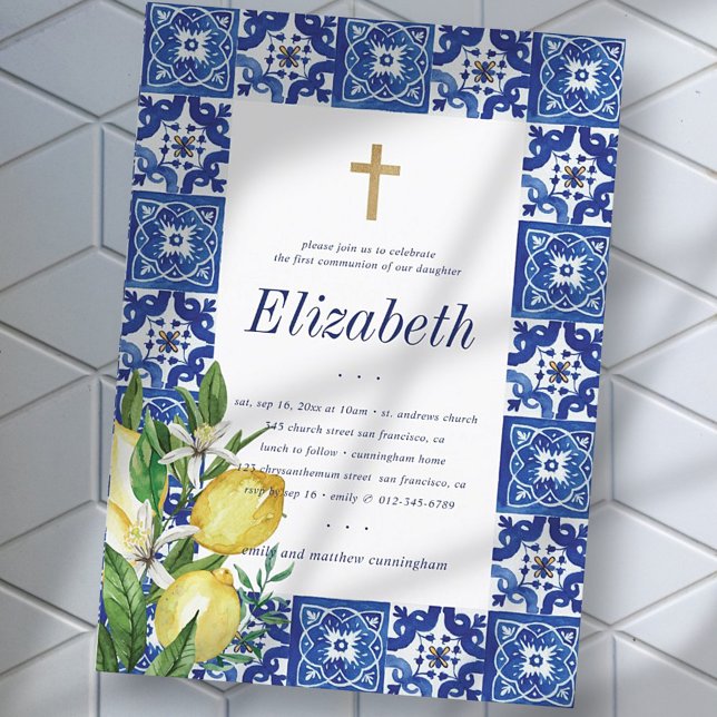 Communion For Her Lemon Foliage Mediterranean Tile Invitation (Creator Uploaded)