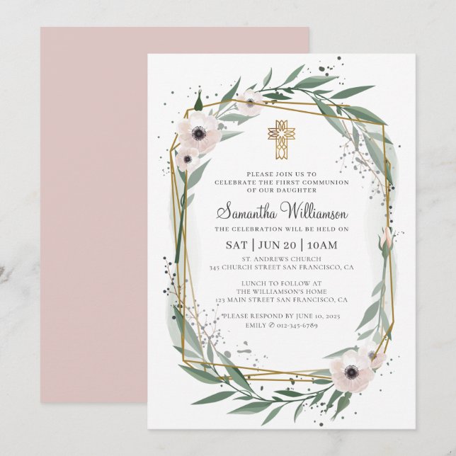 Communion For Her Modern Geometric Floral Cross Invitation (Front/Back)