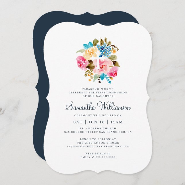 Communion For Her Watercolor Floral Cross Invitation (Front/Back)