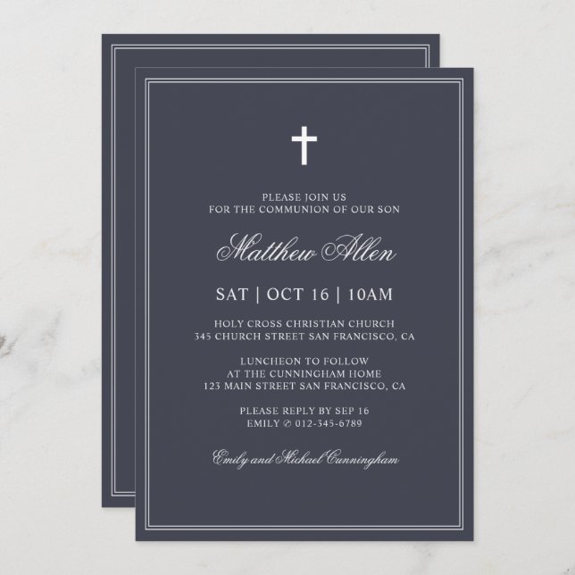 Communion For Him | Elegant Classic Cross Invitation (Front/Back)