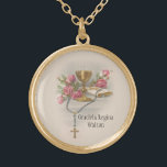 Communion Host Pink Flowers  Chalice Gold Plated Necklace<br><div class="desc">This is a beautiful traditional Catholic image of the Sacred Host (Communion) above the chalice with pink flowers.  Text and fonts may be modified</div>