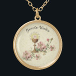 Communion Host Pink Flowers  Chalice Lace Gold Plated Necklace<br><div class="desc">This is a beautiful traditional Catholic image of the Sacred Host (Communion) above the chalice with pink flowers and a lace background.  Text and fonts may be modified</div>