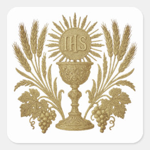 Communion IHS Chalice Wheat Grapes Eucharistic Square Sticker