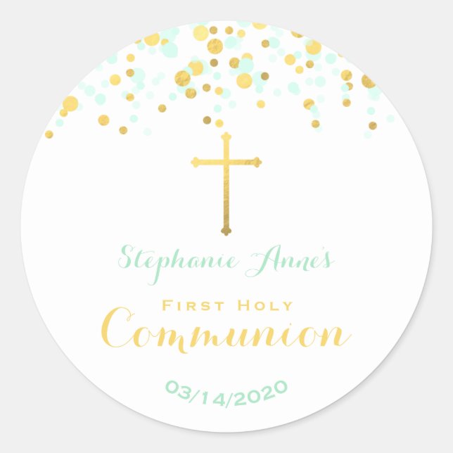 Communion Mint and Gold Confetti Classic Round Sticker (Front)
