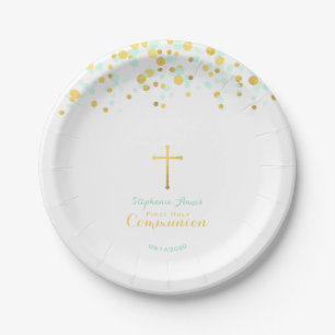 Communion Mint and Gold Confetti Paper Plate