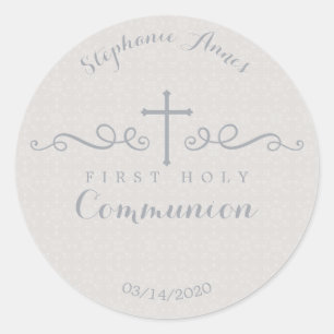 Communion Ornate Cross in Taupe Floral Pattern Classic Round Sticker
