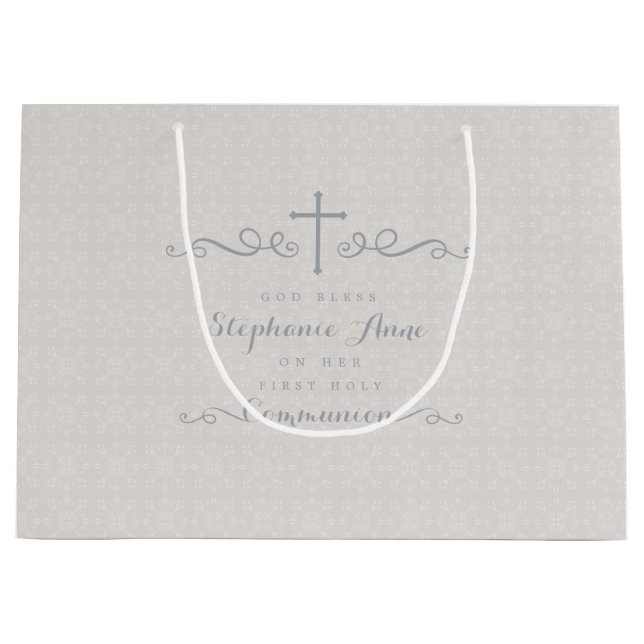 Communion Ornate Cross in Taupe Floral Pattern Large Gift Bag (Front)