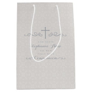 Communion Ornate Cross in Taupe Floral Pattern Medium Gift Bag