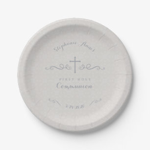 Communion Ornate Cross in Taupe Floral Pattern Paper Plate