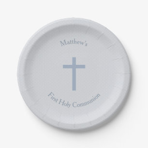 Communion Pastel Blue Cross Paper Plate