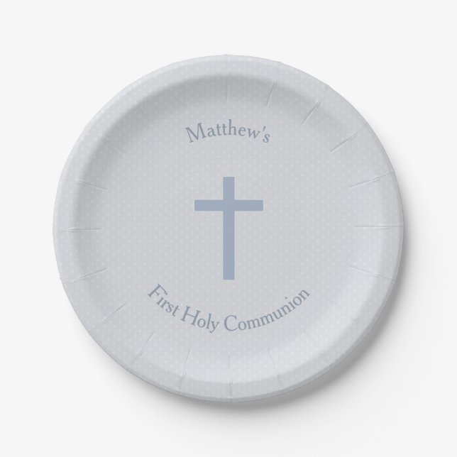 Communion Pastel Blue Cross Paper Plate (Front)