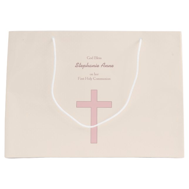 Communion Pastel Pink Cross Large Gift Bag (Front)