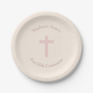 Communion Pastel Pink Cross Paper Plate