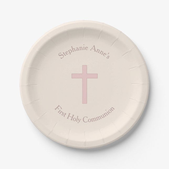 Communion Pastel Pink Cross Paper Plate (Front)