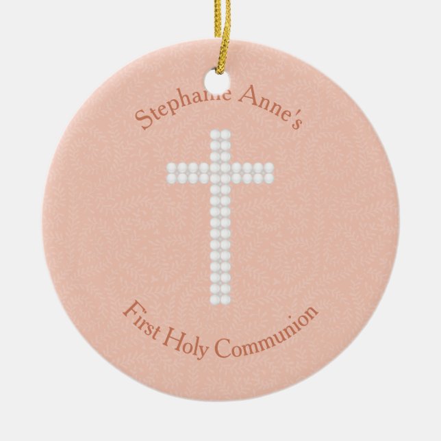 Communion Peach Vines and Stripes Ceramic Tree Decoration (Front)