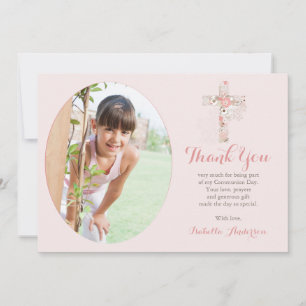 Communion Photo blush pink Floral Cross Girl Thank You Card