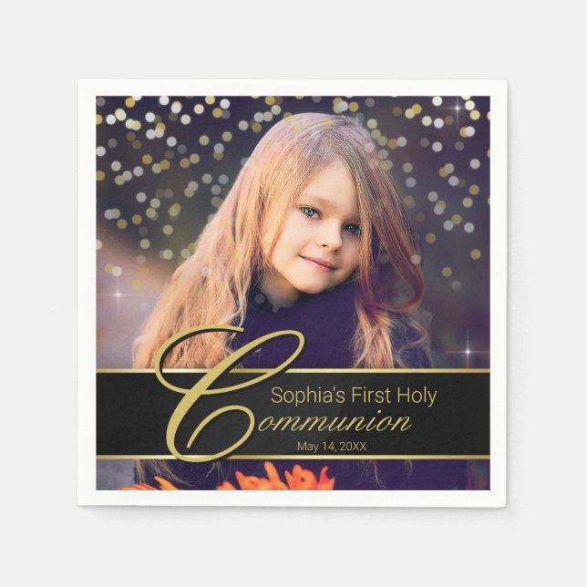 Communion Photo Elegant Gold Typography Glitter Napkin (Front)