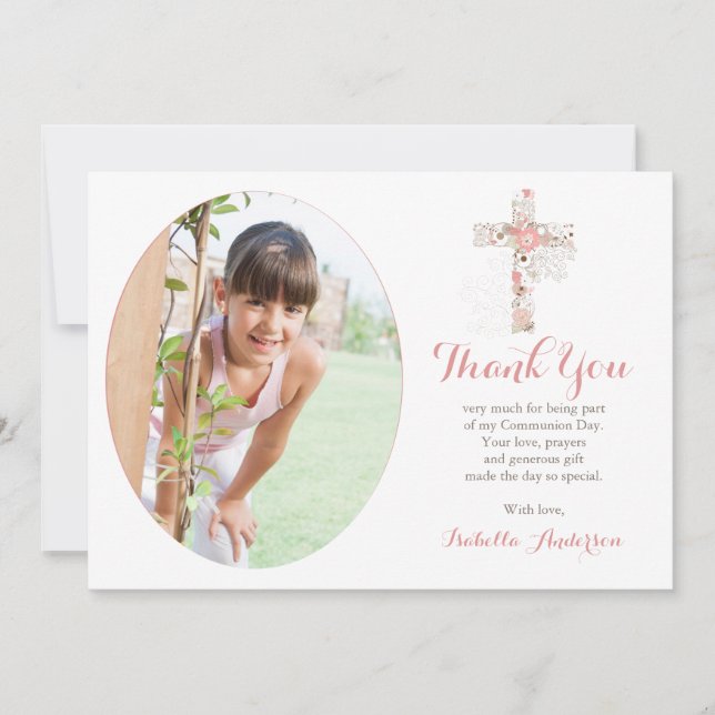 Communion Photo white Floral Cross Girl  Thank You Card (Front)