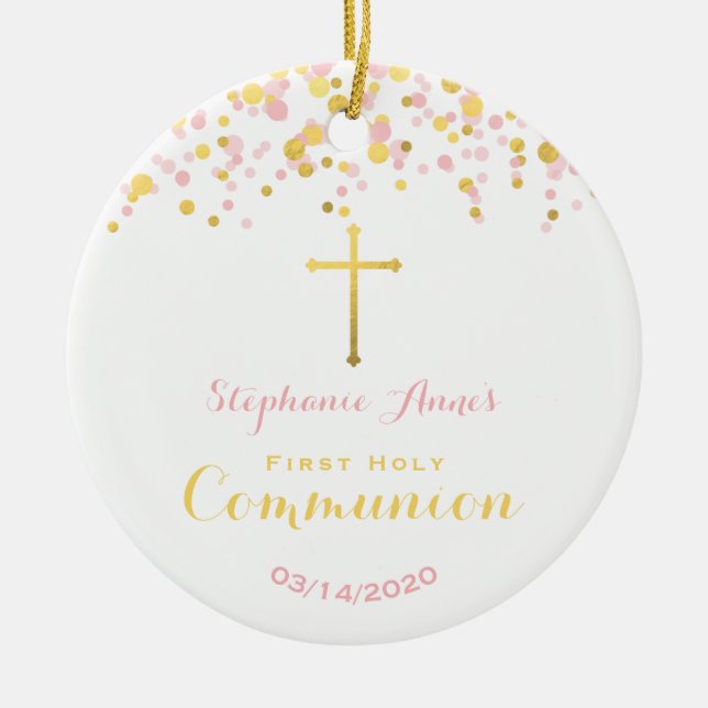 Communion Pink and Gold Confetti Ceramic Tree Decoration (Front)