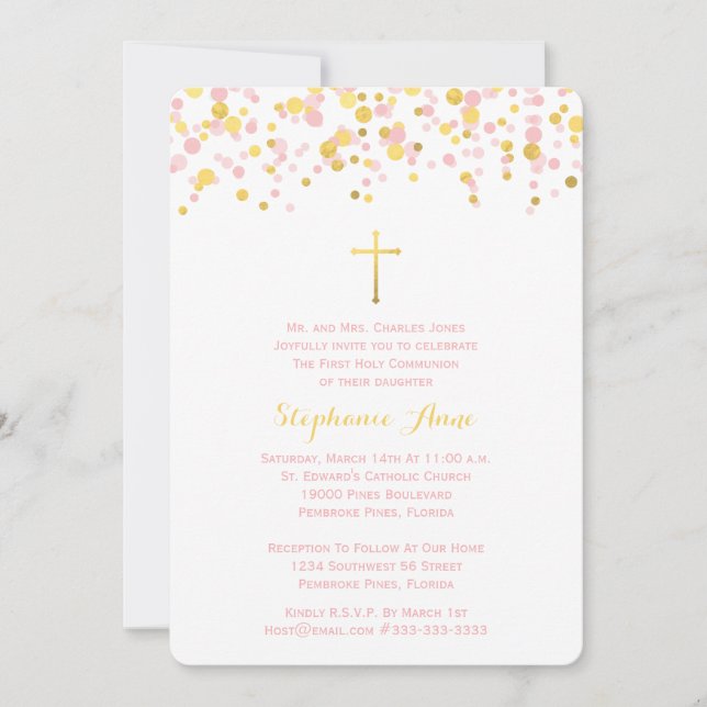 Communion Pink and Gold Confetti Invitation (Front)