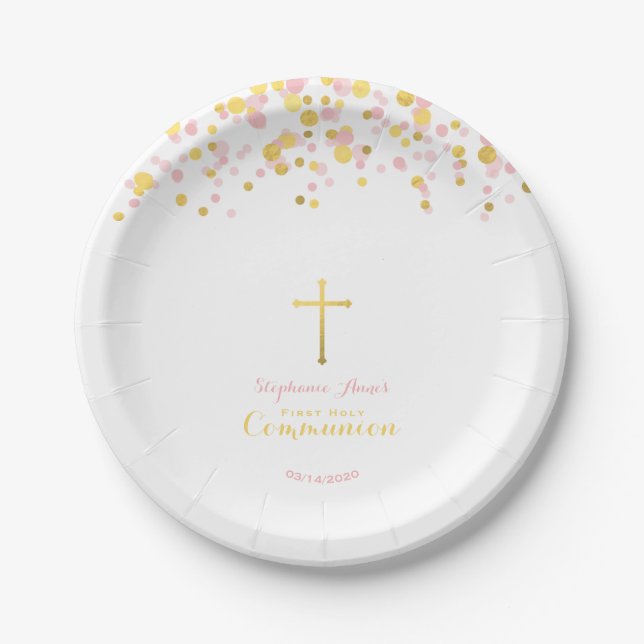 Communion Pink and Gold Confetti Paper Plate (Front)