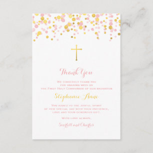 Communion Pink and Gold Confetti Thank You Card