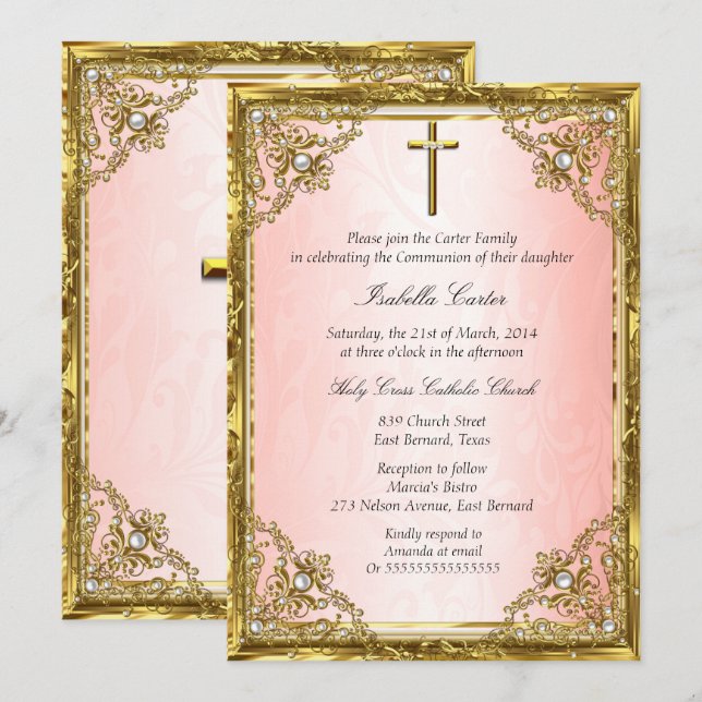 Communion Pink Gold Beige Pearl Damask Cross Invitation (Front/Back)