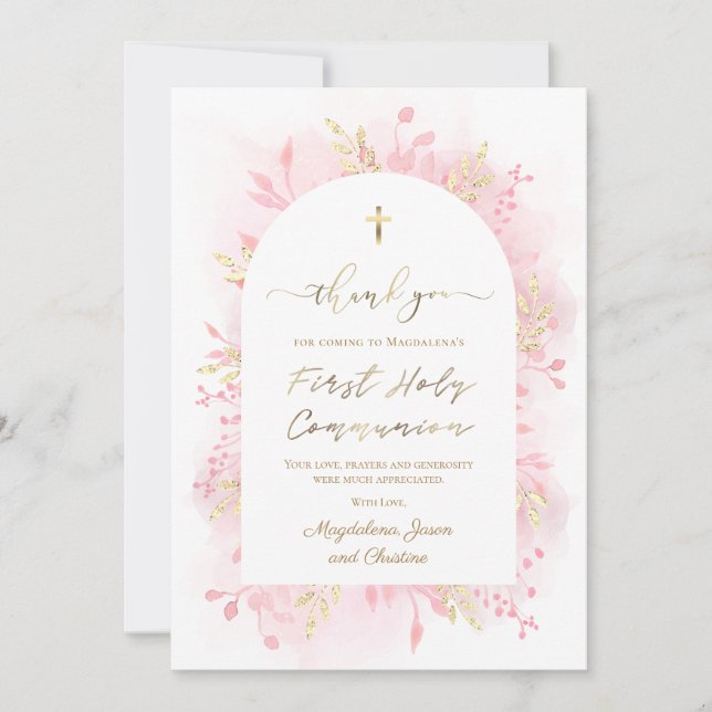 Communion pink watercolor foliage thank you card (Front)