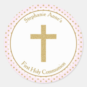 Communion Pink with Gold Polka Dots Classic Round Sticker