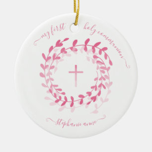 Communion Pink Wreath and Cross Ceramic Tree Decoration