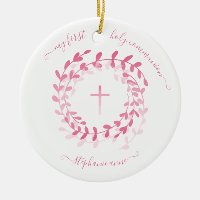 Communion Pink Wreath and Cross Ceramic Tree Decoration (Front)