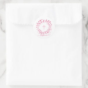 Communion Pink Wreath and Cross Classic Round Sticker