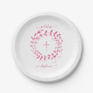 Communion Pink Wreath and Cross Paper Plate