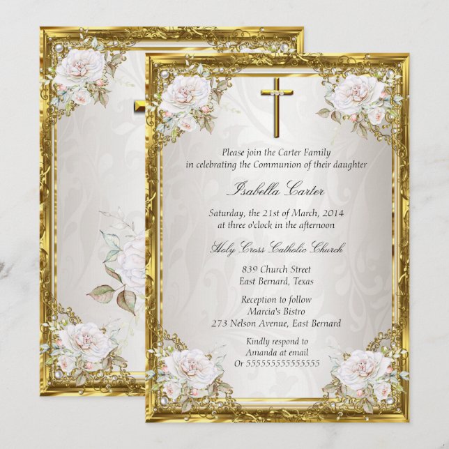 Communion Rose Gold Beige Pearl Damask Cross Invitation (Front/Back)